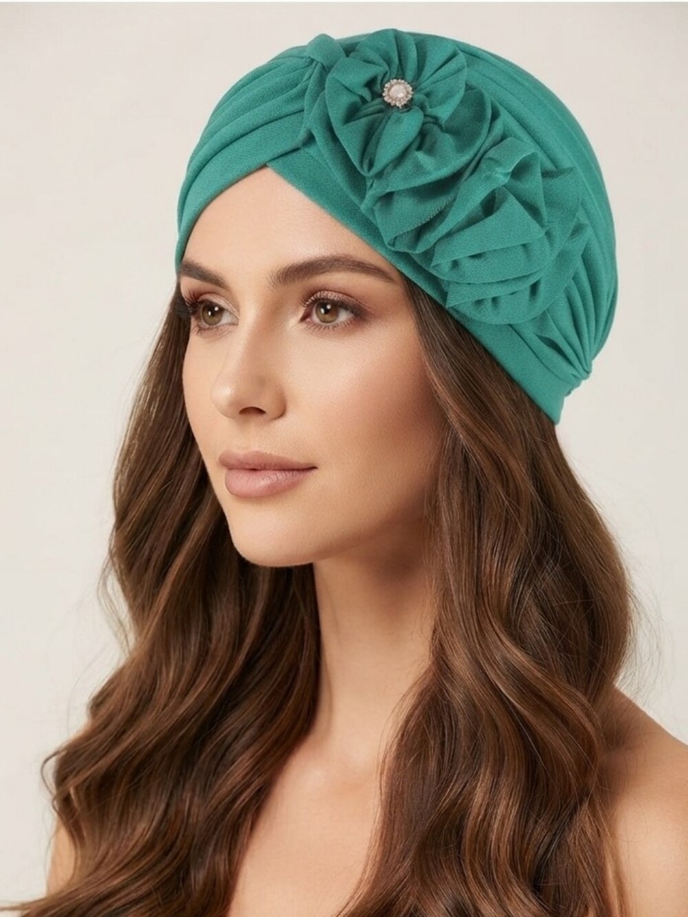 Gatsby Turban Pearl 3D Flower  Pearl Accent Green Hat Flapper Girl